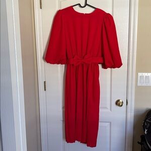 Vintage 80s/90s Sabino Red A-line Dress with 3/4 Bishop Sleeves and Bow Belt